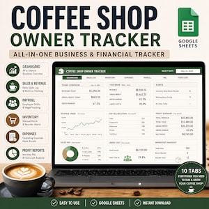 Puede incluir: Una hoja de cálculo digital Coffee Shop Owner Tracker mostrada en la pantalla de un portátil. La interfaz presenta un panel con pestañas para ventas, inventario, gastos, nómina e informes de ganancias, junto a una taza de café.
