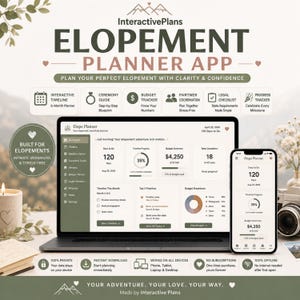 May include: An InteractivePlans elopement planner app displayed on a laptop and smartphone. The interface shows a dashboard with a 120-day countdown, budget tracker, and task lists. Features include an interactive timeline, ceremony guide, and legal checklist. The design uses a sage green and white color palette with mountain icons.