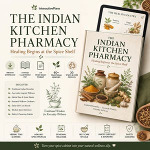 Peut inclure: Un produit numérique intitulé The Indian Kitchen Pharmacy, comprenant un PDF illustré de 53 pages au format A4. La couverture présente un mortier et un pilon, des épices et des herbes, avec du texte détaillant 60+ remèdes traditionnels.