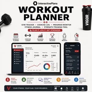 May include: A digital workout planner interface displayed on a laptop and smartphone screen. The layout features text including InteractivePlans, Workout Planner, and Plan It. Log It. Get Stronger. Icons represent gym tracking, exercise logs, and progress.