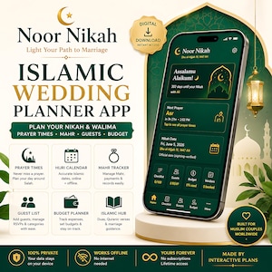 May include: A digital Noor Nikah Islamic wedding planner app advertisement featuring a smartphone displaying a dark green interface with prayer times, a Hijri calendar, and wedding planning tools. The text includes Noor Nikah, Islamic Wedding Planner App, and various feature icons for guests, budget, and Mahr tracking.