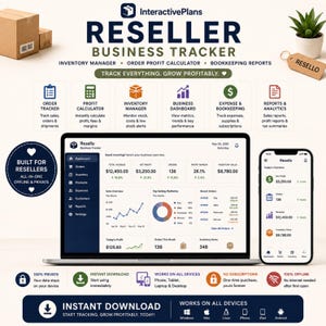 May include: A digital Reseller Business Tracker software interface displayed on a laptop and smartphone. The dashboard features an order tracker, profit calculator, inventory manager, business dashboard, expense and bookkeeping, and reports.