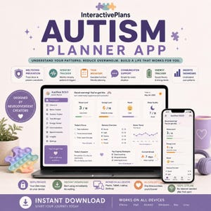 以下が含まれることがあります： ノートパソコンとスマートフォンに表示されたAutiNest SOLO自閉症プランナーアプリのデジタルインターフェース。画面には、ストレス、エネルギー、気分、睡眠のトラッカー、タスクリスト、対処法が紫色の配色で表示されたダッシュボードが示されています。