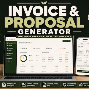 May include: A digital invoice and proposal generator software interface displayed on a laptop screen and a smartphone. The dashboard shows business metrics, recent invoices, and payments. The text reads Invoice & Proposal Generator for Freelancers & Small Businesses.