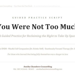 May include: A white document with the title "You Were Not Too Much" in bold, dark font. The text below reads "A Guided Practice for Reclaiming the Right to Take Up Space." The document is for counseling.