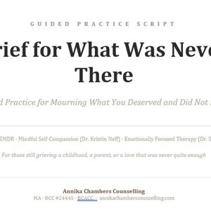 May include: A white document with the title "Grief for What Was Never There" in bold, black text. The document is a guided practice script for mourning, with additional text about the practice and the author's credentials.