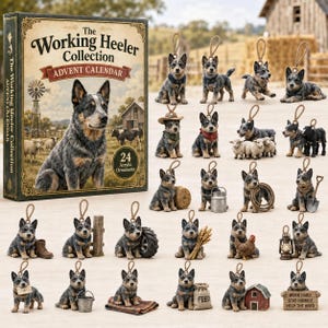 May include: The Working Heeler Collection Advent Calendar box features a blue heeler dog illustration. It includes 24 acrylic ornaments depicting blue heeler puppies in various poses, some with accessories like hats, bandanas, tools, farm animals, and signs.