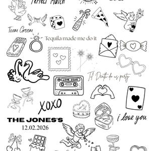 Pode incluir: Ilustrações a preto e branco com temas de casamento, incluindo corações, cisnes, champanhe e textos como "Just Married" e "I love you". A data 12.02.2026 também está presente.