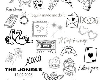 Sheet of Custom Wedding Temporary Tattoos, Personalised Party Hen Bride Groom Tattoos