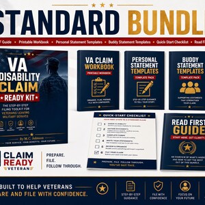 Puede incluir: Un paquete azul marino titulado "STANDARD BUNDLE" con guías y plantillas para veteranos. Se presenta el "VA Disability Claim Ready Kit", junto con un cuaderno de trabajo, plantillas de declaración y una lista de verificación de inicio rápido. El texto incluye "Preparar, Archivar, Seguir."