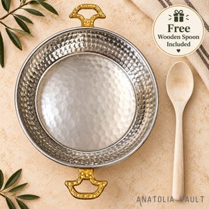 Hand Hammered Copper Sahan, Traditional Turkish Cookware, 18cm Artisan Pan + Bamboo Spoon