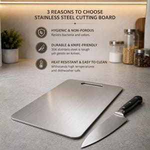 Może przedstawiać: Prostokątna deska do krojenia ze stali nierdzewnej z wyciętym uchwytem, umieszczona obok noża szefa kuchni. Tekst na obrazku brzmi: 3 REASONS TO CHOOSE STAINLESS STEEL CUTTING BOARD, HYGIENIC & NON-POROUS, DURABLE & KNIFE-FRIENDLY, HEAT RESISTANT & EASY TO CLEAN.