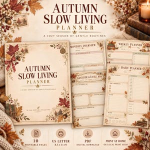 Peut inclure: Une collection imprimable Autumn Slow Living Planner comprenant une page de couverture, un aperçu mensuel, un planificateur hebdomadaire, un planificateur quotidien et une page de gratitude, décorée de feuilles d'automne, de glands et de baies.
