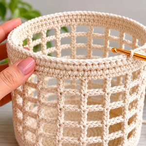 Puede incluir: Una cesta cilíndrica de ganchillo en color blanco roto con un patrón de rejilla abierta en los laterales y una base sólida. Un ganchillo dorado está insertado en el borde superior de la cesta, hecha de hilo grueso de color claro.