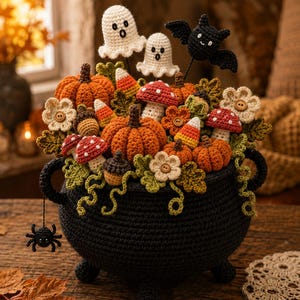 Op de afbeelding: Een zwarte gehaakte ketel gevuld met herfstdecoraties, waaronder oranje pompoenen, rood-witte paddenstoelen, maissnoepjes, eikels, beige bloemen met knoopcentra, twee witte spookjes en een zwarte vleermuis met een kleine spin aan de zijkant.