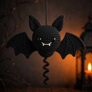 May include: A black crocheted bat ornament featuring two pointed ears, wide-set black eyes, and two small white fangs. The bat has outstretched wings with scalloped edges and a long, spiraled tail hanging from the bottom, suspended by a black string.