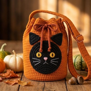 May include: A crochet bucket bag in vibrant orange featuring a black circular cat face applique with yellow eyes, a pink nose, and white whiskers. The bag has a drawstring closure with matching orange cords and an adjustable shoulder strap.