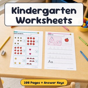 Kindergarten Worksheets Bundle, 208 Printable Pages, Math, Phonics, Sight Words, Tracing, Answer Keys