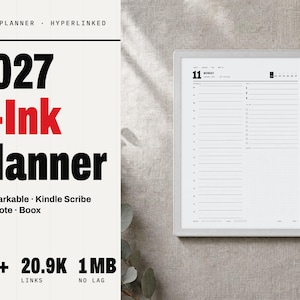 May include: A 2027 E-Ink planner digital file for reMarkable, Kindle Scribe, Supernote, and Boox devices. The display shows a daily schedule layout with a numbered list, a grid section, and month tabs. Text includes 2027 E-Ink Planner, 790+ pages, 20.9K links, and 1MB.