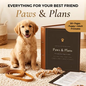 May include: A golden retriever puppy sits next to a brown binder titled Paws & Plans, The Complete Dog & Puppy Care Binder. The set includes a tan lead, a rope toy, a bowl of kibble, and printed pages labelled 30+ Pages Puppy + Adult Printable.