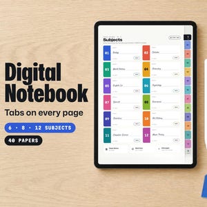 May include: A digital notebook displayed on a tablet screen featuring a subjects index page with twelve numbered, color-coded tabs. The interface includes text labels for subjects like Biology, Chemistry, and History, alongside a white stylus pen.