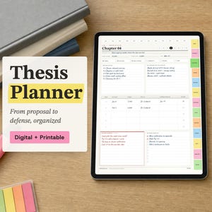 May include: A digital thesis planner displayed on a tablet screen with a white stylus, alongside a card reading Thesis Planner, From proposal to defense, organized, Digital + Printable, with highlighters and a stack of books nearby.