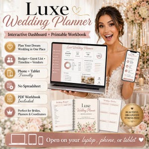 Luxe Wedding Planner Bundle, Interactive Dashboard, Fillable PDF, Vow Book, Budget Tracker, Guest List, Bridal Checklist
