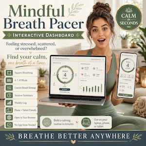 Mindful Breath Pacer Bundle | Yoga Breathing Dashboard, 30-Day Mindfulness Tracker, Fillable PDF Workbook