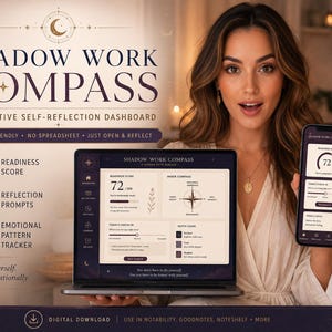 May include: A woman presents a laptop and smartphone, both displaying the "Shadow Work Compass" dashboard. The laptop shows a readiness score of 72/100. The phone mirrors this. Text includes "Interactive Self-Reflection Dashboard" and "Digital Download."