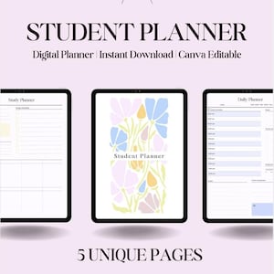May include: A digital student planner displayed on three tablets. The center tablet shows a floral design with the words "Student Planner." The other tablets display study and daily planner pages. Text at the top reads "STUDENT PLANNER."
