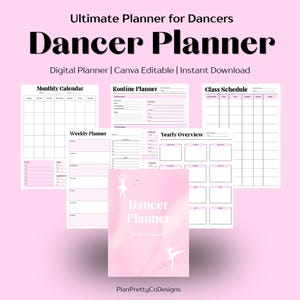以下が含まれることがあります： ライトピンクの背景に、バレリーナのシルエットと「Dancer Planner」の文字が書かれた表紙を持つ、ダンサー向けデジタルプランナー。月間カレンダー、ルーティン、クラススケジュール、週間プランナー、年間概要のテンプレートが含まれています。