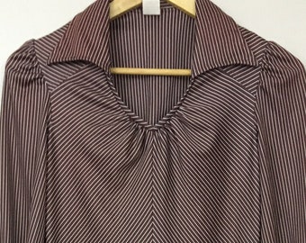 Vintage 1970s Chocolate Brown Pinstripe Liquid Silk Mod Sheath Dress Balloon Sleeve - XS/S