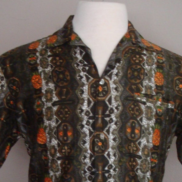 Vintage 1940s Hawaiian oxford shirt Pineapple Matching Panel KEONT'S Kona black gray green orange loop collar size M Retrocorrect Hawaii