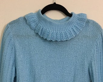 Vintage 50s/60s Sweater Pullover Powder Blue Glamour Knit Ruffle Collar Neck & Cuff long sleeve size XS/S Retrocorrect Womenswear