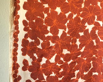 Vintage 1970s Large Square Floral Scarf Dark Harvest & Pumpkin Orange, Ivory Mid Century 1950s Revival