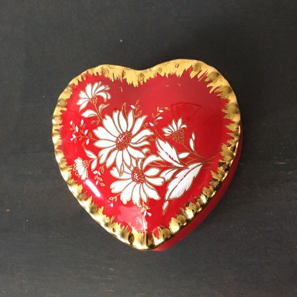 Vintage 1950s Heart Box Red Gold Scallop Ceramic Glazed Trinket Jewelry Container of Love Glam Posh Boudoir Retrocorrect Home