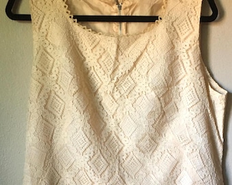 Vintage 1960s Dress Crochet Lace Cotton Handmade Beige Floral Size M