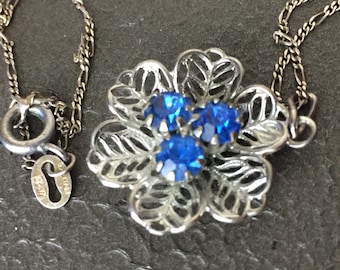 1970s Necklace 925 Sterling AGI Italy Floral Blue Rhinestone Filigree Pendant