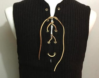 Vintage Sears Mens Store Wool Sweater Vest Leather Lace Up Hippie