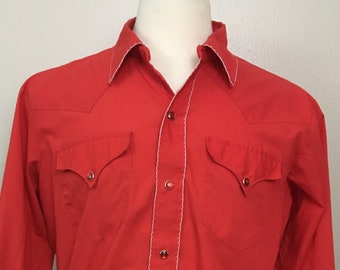 Vintage 1960s H Bar C Red Pearl Snap Western Shirt Spade Pockets (M-34)