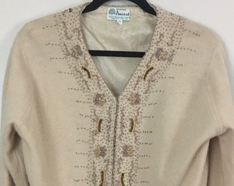 Vintage 1950s Cardigan Sweater Wool Beaded Glam Elegant Evening Gala by Peacock Beige Gold Bronze Retro M Retrocorrect womenswear