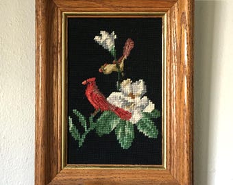 vintage 50s/60s  Framed Wall Art Cross Stitched Red Cardinals Retrocorrect