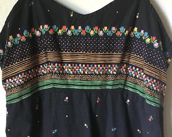 Vintage 1970s Handmade Black Tulip Floral Border Print Spaghetti Strap Shift Dress (XS)
