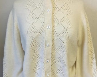 Vintage 1960s Ivory Wool Blend Cardigan Sweater Diamond Teardrop Knit (M/L)