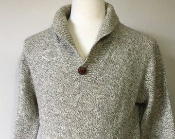 Vintage 1970s Oatmeal Tweed Wool Rolled Shawl Collar Leather Button Pullover Sweater - M