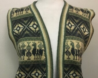 Vintage 1960s Sweater Vest Cardigan Alpaca Wool Knit Front Pockets Lama Design Sleeveless Winter Boho Fashion sz S/M Retrocorrect Womenswear