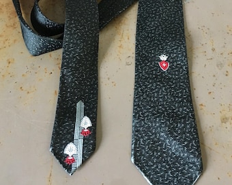 Vintage 1960s Skinny Silk Tie Black Gray Embroidered Sword Shield Crown Heraldic Cravat