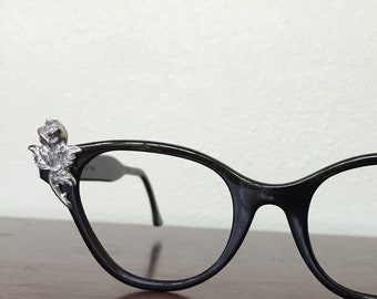 Vintage 1950s Black Eyeglass Sunglasses Frames Cat Eye Deadstock Aluminum Silver Rhinestone Rose Specs Eye Wear Retrocorrect