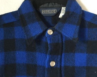 Vintage 1970s Lands End Field Shirt Blue Black Wool Nylon Double Flap Pocket - Size S
