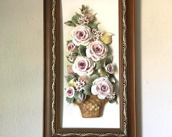 Vintage 3D Pink Rose Chalkware Plaque Capodimonte Style Cottagecore Framed Wall Art